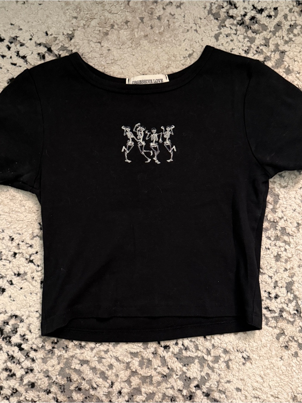 Obsessive Love Black Cropped Tee with Dancing Skeleton Graphic